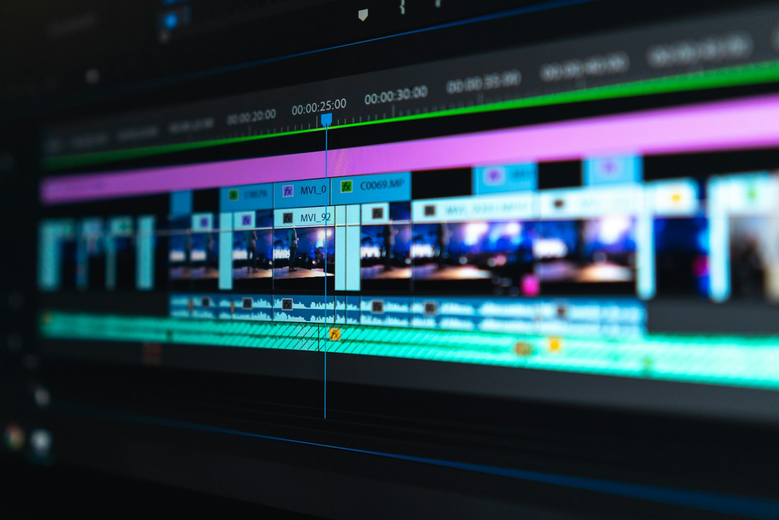 Video editing timeline on a screen, representing how AI video generators assemble footage