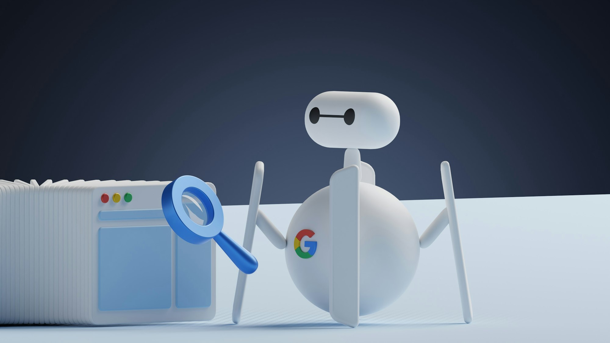 Illustration representing an AI search engine analyzing information with a magnifying glass